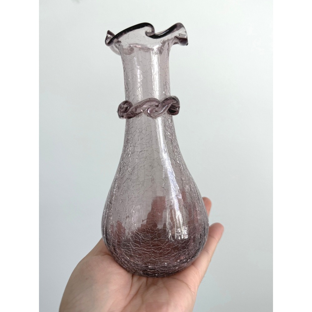 Vintage Crackle Glass Vase Purple Amethyst Ruffled Rigaree Vase Cottagecore